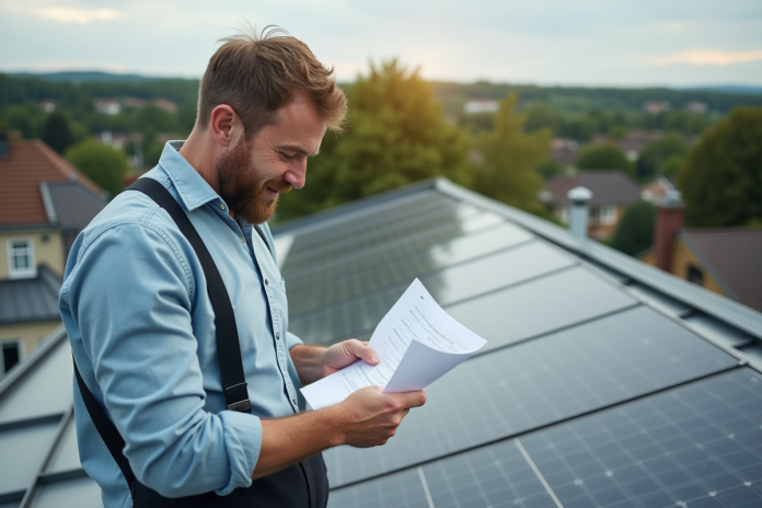 Homme d'âge moyen examinant un document près de panneaux solaires sur un toit