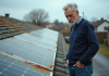 Homme regardant des toits solaires usés en extérieur