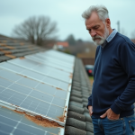 Homme regardant des toits solaires usés en extérieur