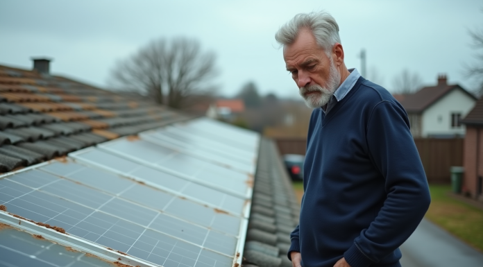 Homme regardant des toits solaires usés en extérieur