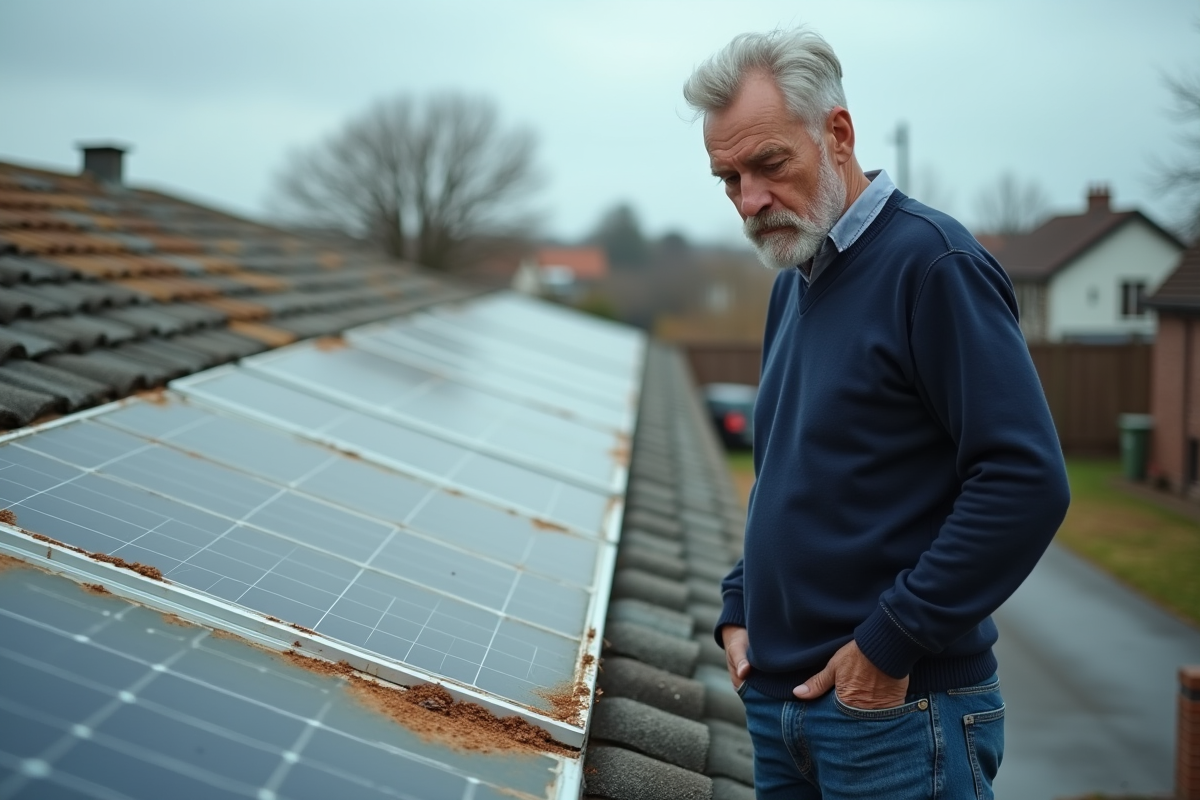 Homme regardant des toits solaires usés en extérieur