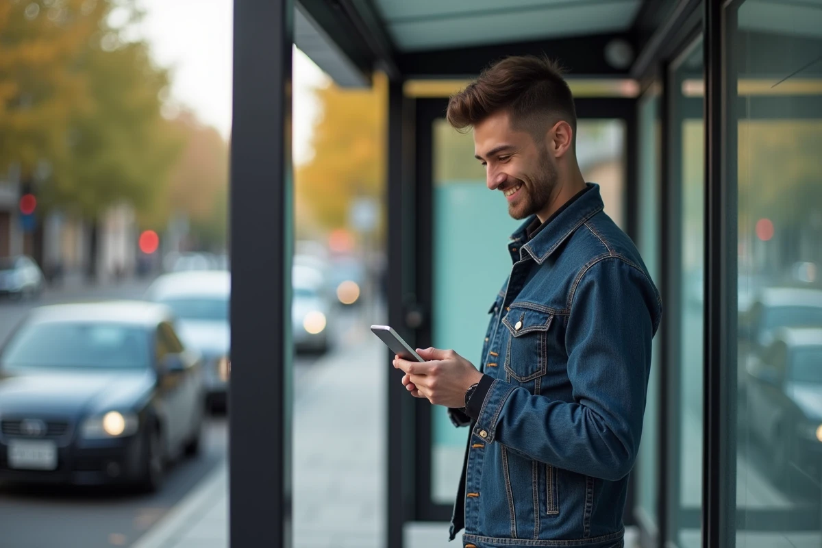 Jeune homme vérifiant une application dans la rue