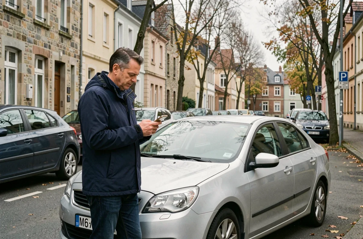 Homme debout près de sa voiture dans une rue de Thionville comparant des offres d'assurance auto sur smartphone