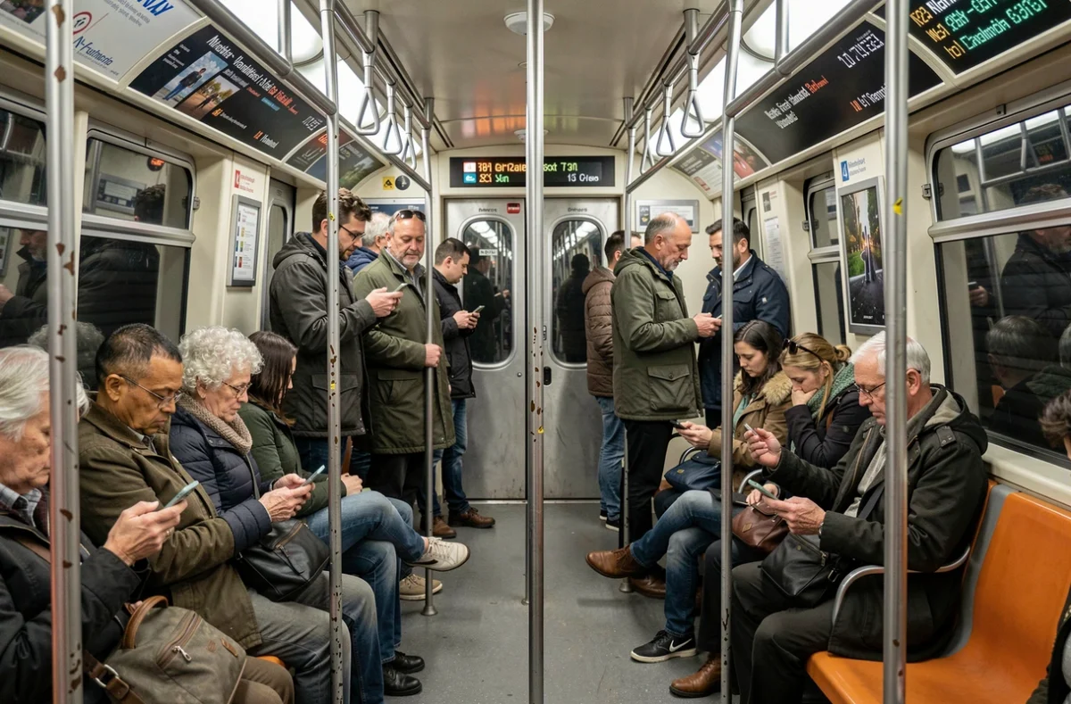Intérieur d'une rame de métro RATP bondée à Paris pendant les heures de pointe avec des voyageurs debout