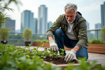 Homme d'âge moyen plantant des fleurs sur un toit urbain