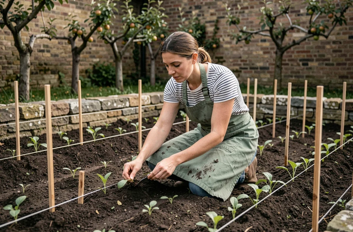Femme jardinière qui replante des semis en rangs ordonnés dans un potager bien entretenu, symbolisant l'optimisation de l'espace de culture