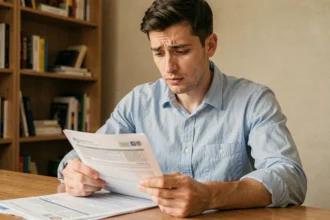 Jeune homme lisant des documents d'assurance auto à son bureau dans un appartement