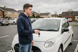 Jeune conducteur debout à côté de sa voiture compacte blanche, clés en main, illustrant le coût de l'assurance jeune conducteur