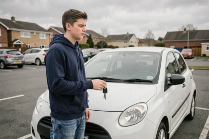 Jeune conducteur debout à côté de sa voiture compacte blanche, clés en main, illustrant le coût de l'assurance jeune conducteur
