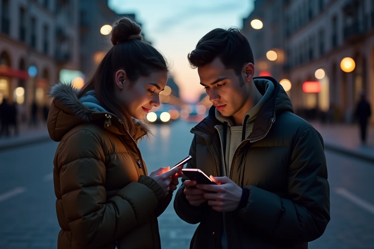 Jeune couple regardant leur téléphone avec 22h22 en ville