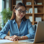 Comparatif traduction : ChatGPT vs DeepL : quel est le meilleur ? Jeune femme en blouse bleue travaillant sur son ordinateur dans un bureau lumineux