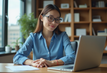 Jeune femme en blouse bleue travaillant sur son ordinateur dans un bureau lumineux