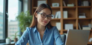 Jeune femme en blouse bleue travaillant sur son ordinateur dans un bureau lumineux