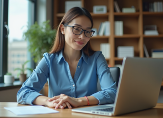 Comparatif traduction : ChatGPT vs DeepL : quel est le meilleur ? Jeune femme en blouse bleue travaillant sur son ordinateur dans un bureau lumineux