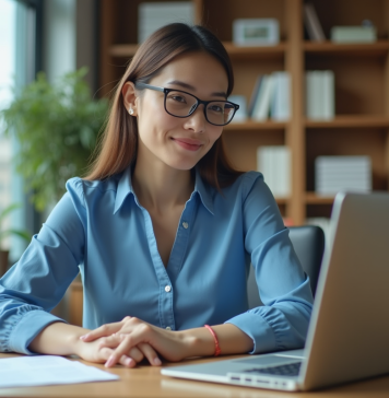 Comparatif traduction : ChatGPT vs DeepL : quel est le meilleur ? Jeune femme en blouse bleue travaillant sur son ordinateur dans un bureau lumineux
