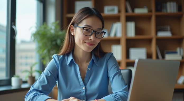 Comparatif traduction : ChatGPT vs DeepL : quel est le meilleur ? Jeune femme en blouse bleue travaillant sur son ordinateur dans un bureau lumineux