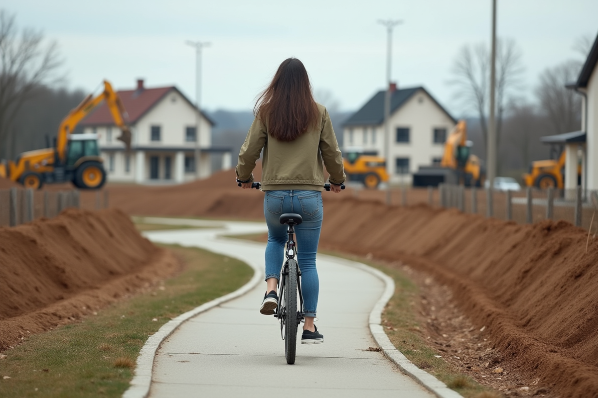 Jeune femme à vélo dans un paysage en transition