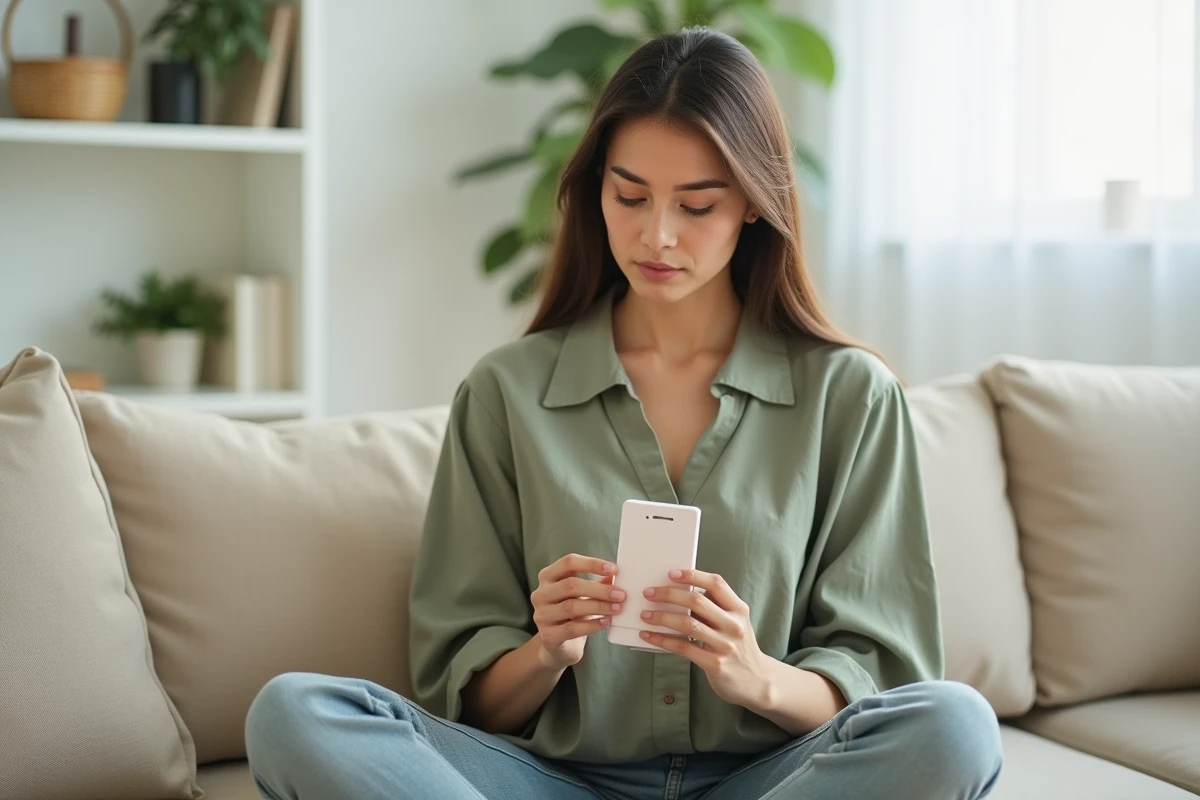 Jeune femme assise sur un canapé tenant un épilateur et lisant les instructions pour une épilation longue durée