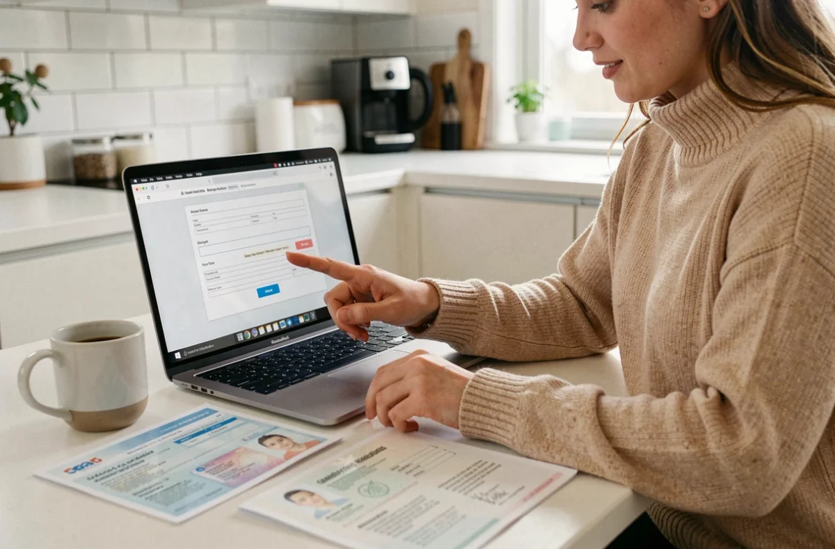 Jeune femme remplissant un formulaire en ligne pour changer d'assurance auto avec ses documents officiels