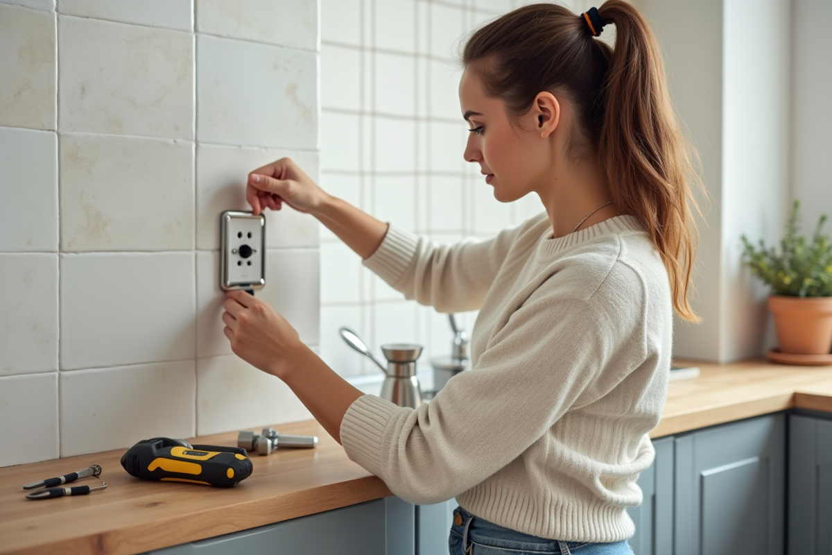 Jeune femme installant une prise électrique dans une cuisine lumineuse