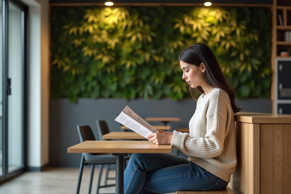 Jeune femme lisant un magazine dans un lounge moderne