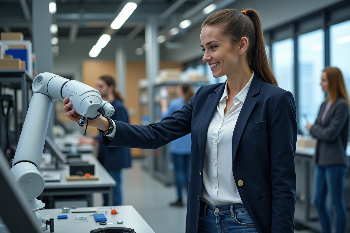 Ingénieure ajustant un bras robotique dans un laboratoire hightech