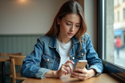 Jeune femme utilisant son smartphone dans un caf&eacute;