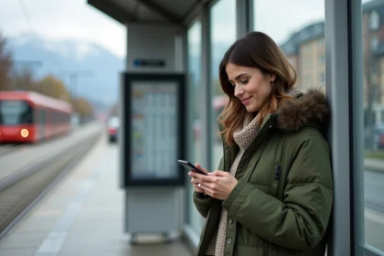 Jeune femme en parka verte à la station tram de Grenoble