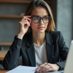 Lunettes AR : inconvénients, avantages et utilisation pratique Jeune femme professionnelle ajustant ses lunettes AR au bureau