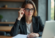 Lunettes AR : inconvénients, avantages et utilisation pratique Jeune femme professionnelle ajustant ses lunettes AR au bureau