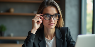 Jeune femme professionnelle ajustant ses lunettes AR au bureau