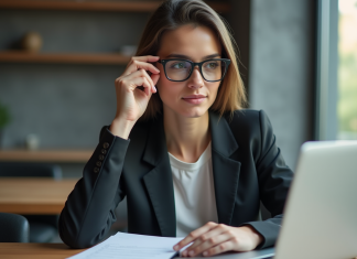 Lunettes AR : inconvénients, avantages et utilisation pratique Jeune femme professionnelle ajustant ses lunettes AR au bureau