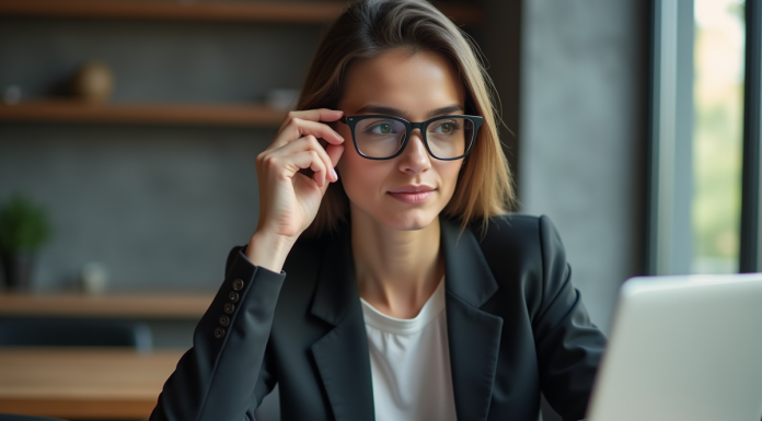 Lunettes AR : inconvénients, avantages et utilisation pratique Jeune femme professionnelle ajustant ses lunettes AR au bureau