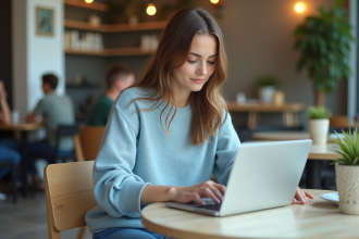 Jeune femme travaillant sur un ordinateur portable au café