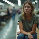 Jeune femme dans une usine textile fatiguée et pensante
