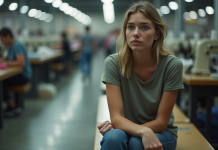 Jeune femme dans une usine textile fatiguée et pensante