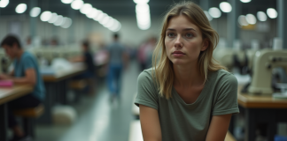 Dangers de l’industrie du vêtement : connaître les risques et solutions Jeune femme dans une usine textile fatiguée et pensante