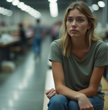 Dangers de l’industrie du vêtement : connaître les risques et solutions Jeune femme dans une usine textile fatiguée et pensante