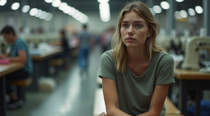 Jeune femme dans une usine textile fatiguée et pensante
