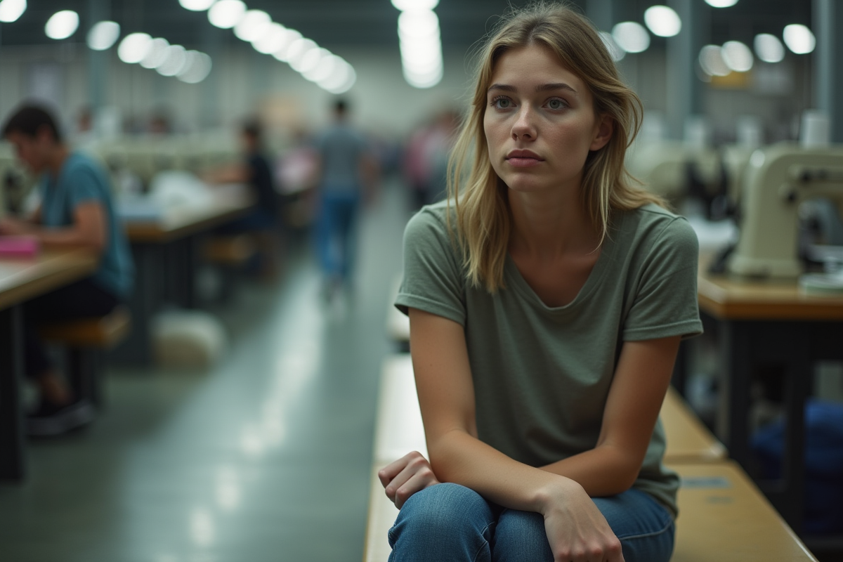 Jeune femme dans une usine textile fatiguée et pensante