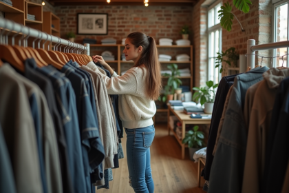Jeune femme examine vêtements vintage dans une boutique écologique