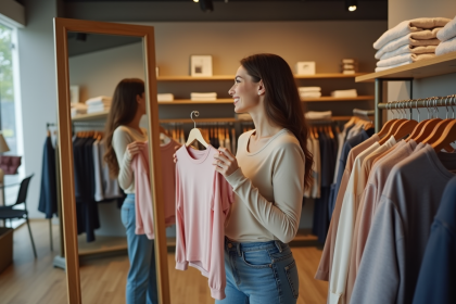 Jeune femme souriante dans une boutique de vêtements regardant son reflet