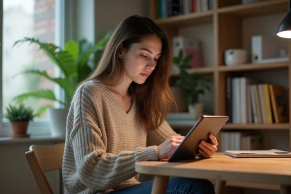 Jeune femme lisant des webtoons sur une tablette dans un salon cosy