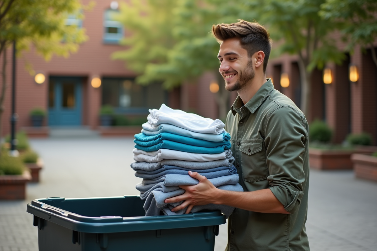 Jeune homme déposant des vêtements dans une borne de don dehors