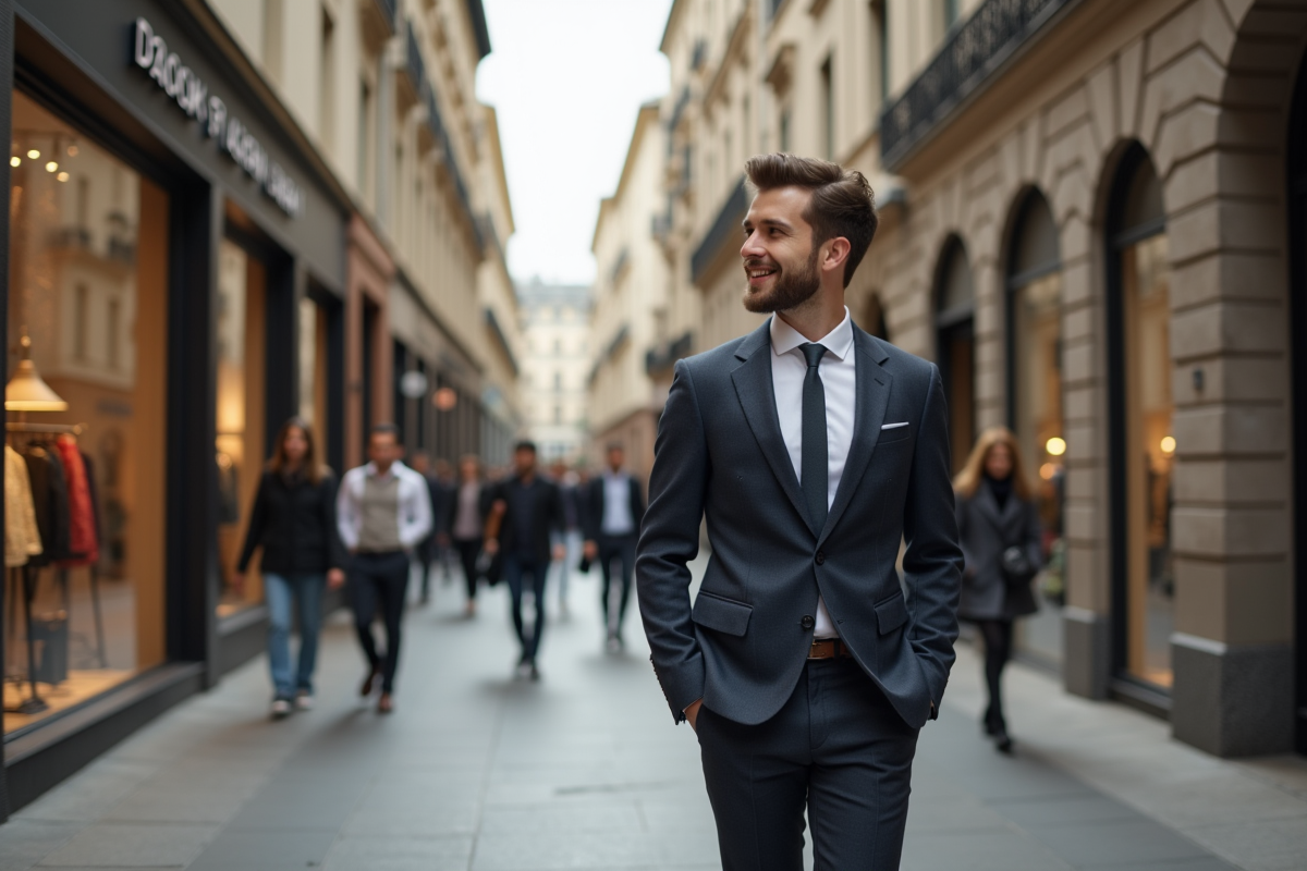 Jeune entrepreneur mode marchant dans une rue animée