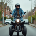 Jeune homme en denim sur quad en quartier calme