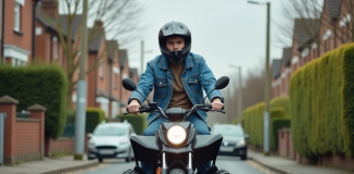 Jeune homme en denim sur quad en quartier calme