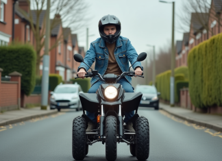 Jeune homme en denim sur quad en quartier calme