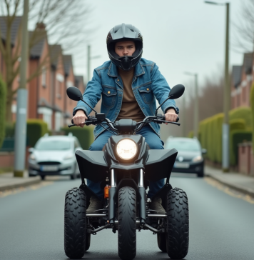 Quad homologué pour route 50cc : atouts et écueils Jeune homme en denim sur quad en quartier calme