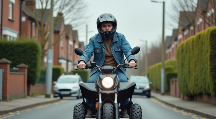 Jeune homme en denim sur quad en quartier calme
